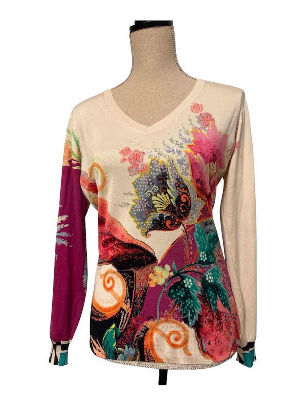 ETRO SWEATER CREAM MULTI FLORAL PRINT V-NECK ITALY 46 US 10